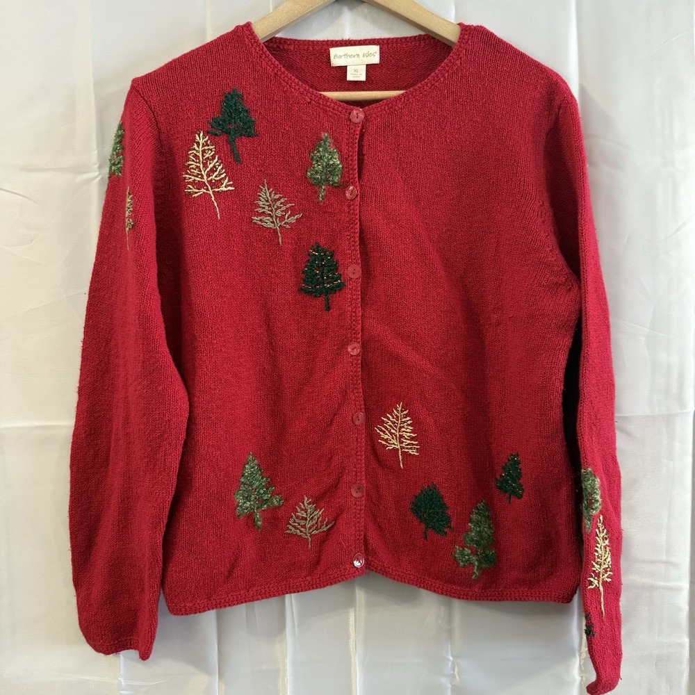 Vtg 90s Northern‎ Isles Womens XL Knit Red Ugly Christmas Sweater Cardigan Trees